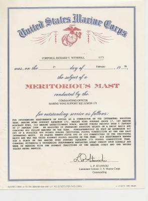 USMC US Marine Corps Certificate Meritorious Mast