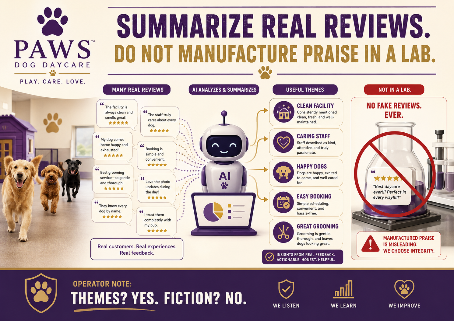 PAWS Dog Daycare review analysis graphic showing AI summarizing real customer reviews into themes like clean facility, caring staff, happy dogs, easy booking, and grooming quality while rejecting fake reviews.
