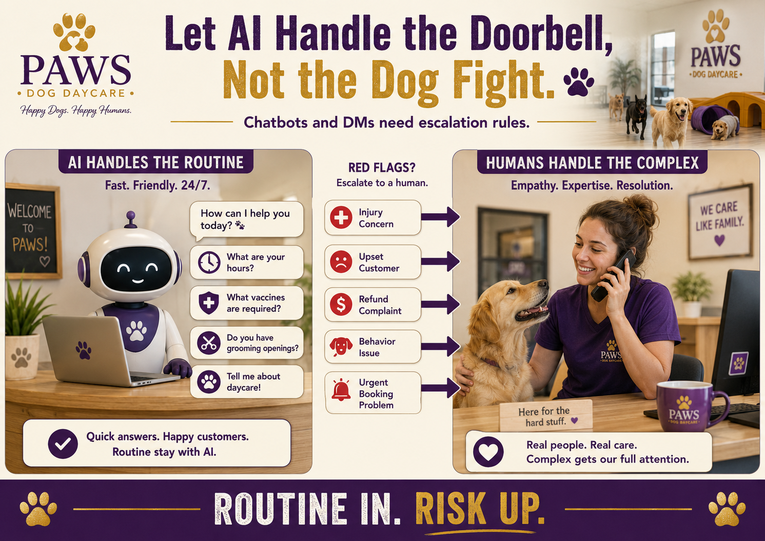 PAWS Dog Daycare chatbot escalation graphic showing AI handling routine questions while humans handle injury concerns, upset customers, refund complaints, behavior issues, and urgent booking problems.