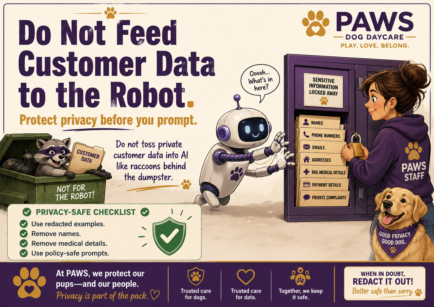 PAWS Dog Daycare privacy graphic showing sensitive customer information locked away from an AI robot, including names, phone numbers, emails, addresses, dog medical details, payment details, and private complaints.