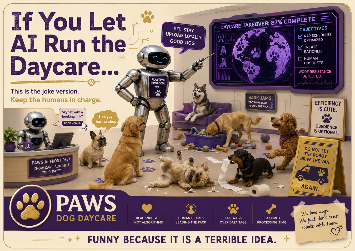 Humorous PAWS Dog Daycare robot takeover image showing AI trying to run the daycare with Skynet-style booking, robot objectives, confused dogs, and a warning to keep humans in charge.