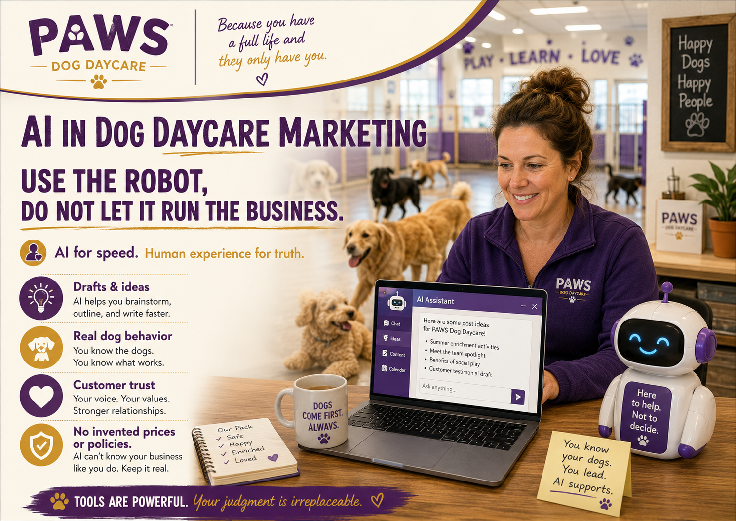 PAWS Dog Daycare AI marketing image showing a human operator using an AI assistant at a laptop while dogs play in the facility, emphasizing AI for speed and human experience for truth.