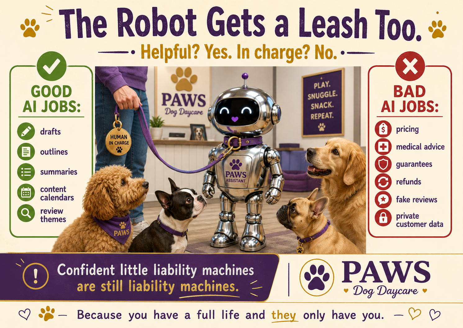 PAWS Dog Daycare robot assistant on a leash beside dogs, showing good AI jobs like drafts and summaries and bad AI jobs like pricing, medical advice, guarantees, refunds, fake reviews, and private customer data.
