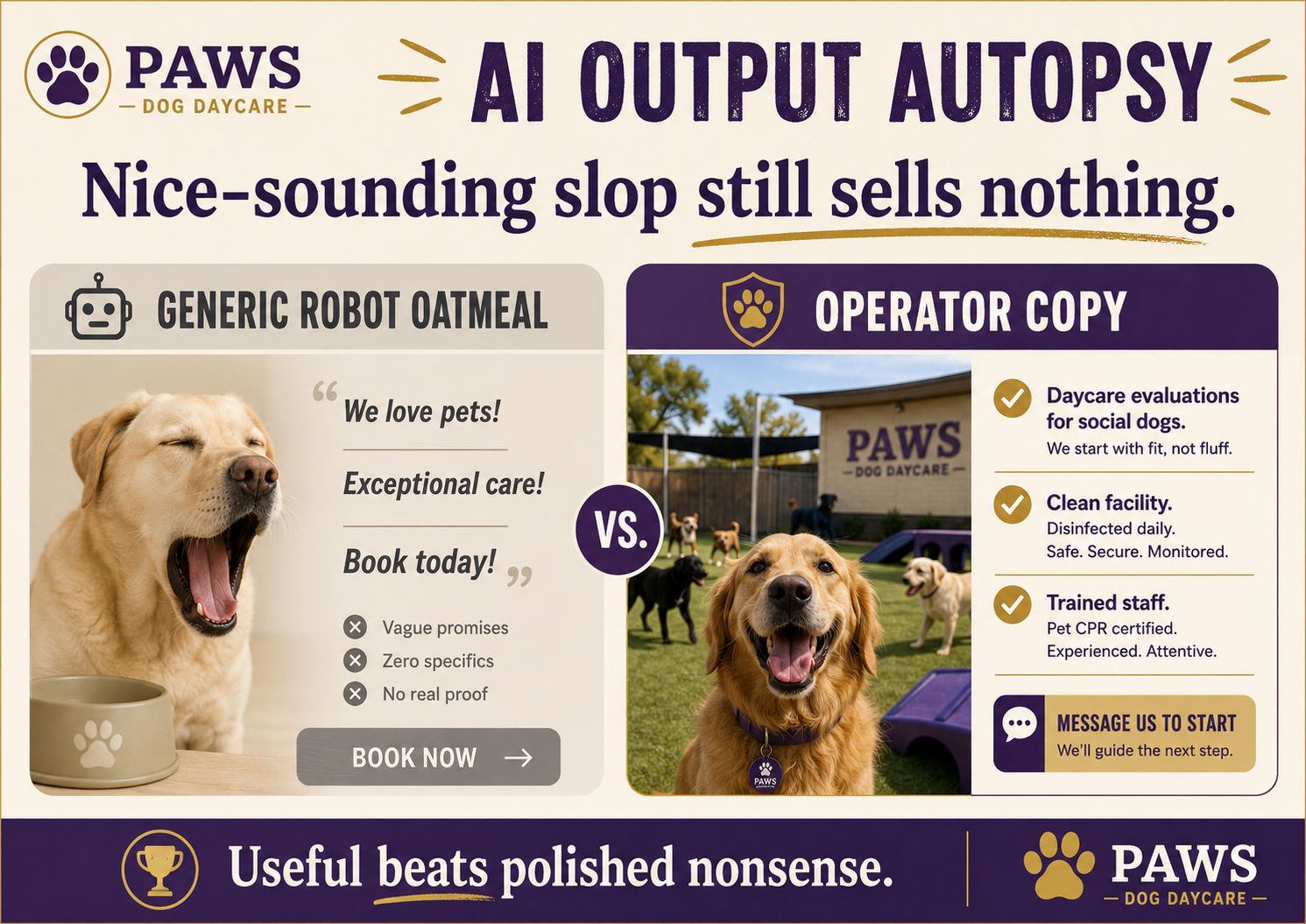 AI output autopsy graphic comparing generic robot dog daycare copy with stronger operator copy based on real daycare proof, clean facility standards, trained staff, and a clear message-to-start CTA.