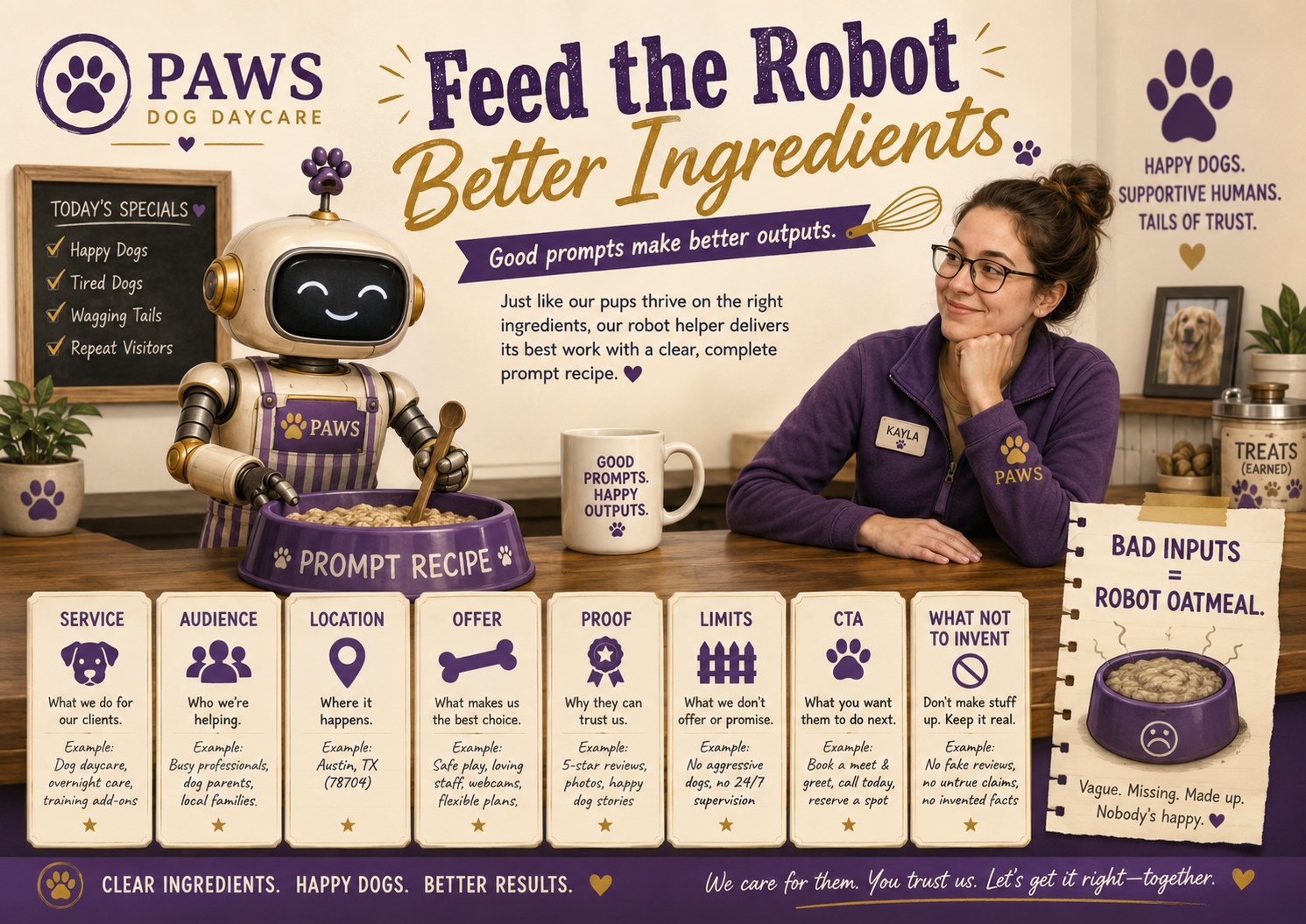 PAWS Dog Daycare prompt recipe showing service, audience, location, offer, proof, limits, CTA, and do-not-invent rules as ingredients for better AI marketing prompts.