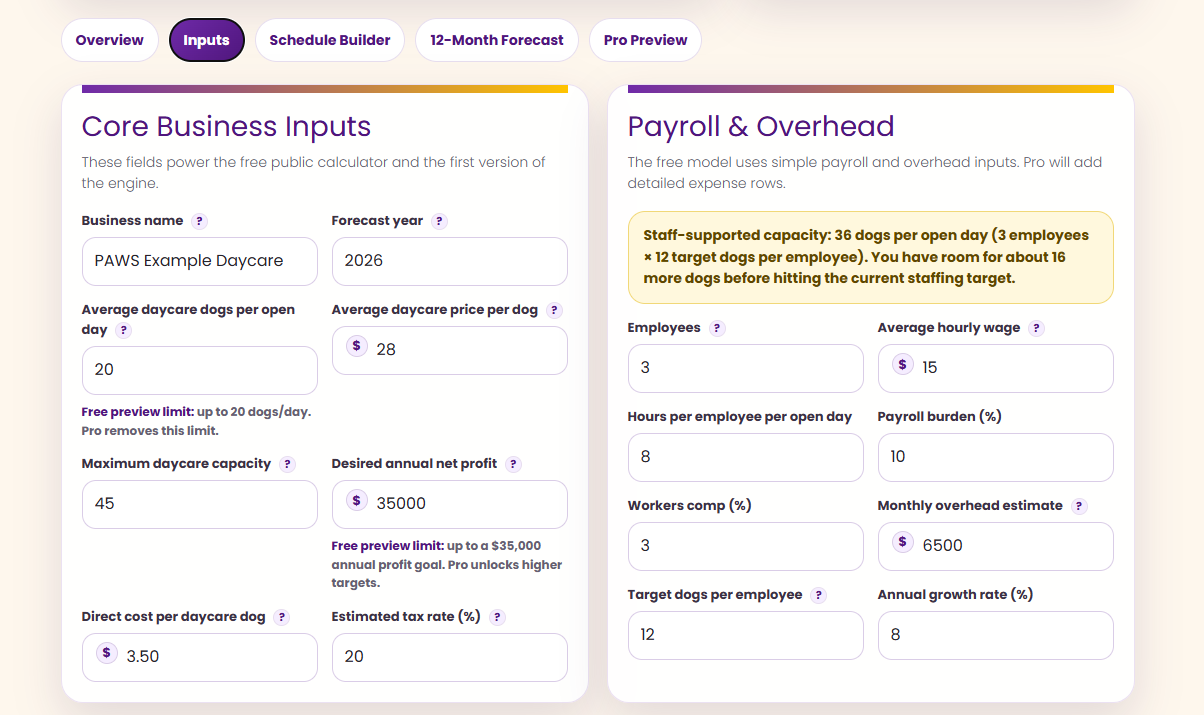 PAWS dog daycare calculator schedule builder screenshot