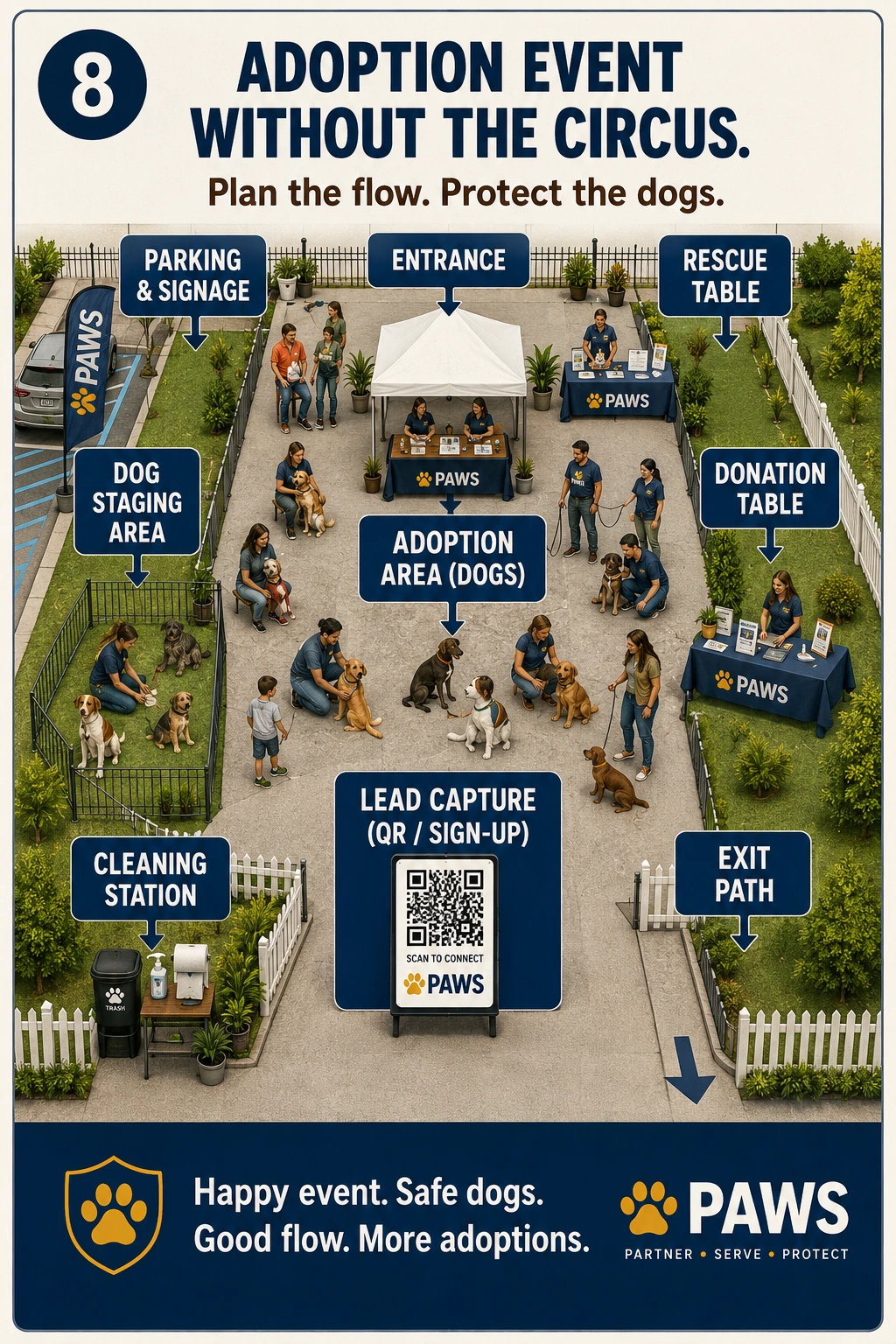 PAWS Dog Daycare adoption event planning map showing parking, entrance, rescue table, dog staging area, adoption area, donation table, lead capture, cleaning station, and exit path.