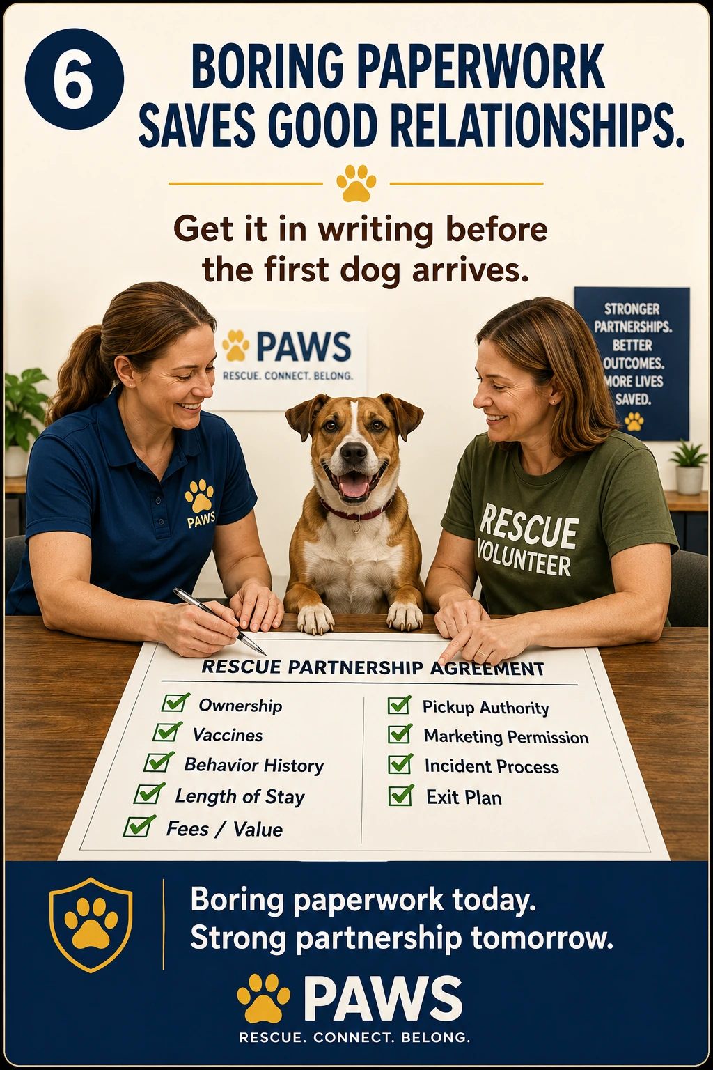 PAWS Dog Daycare rescue partnership agreement image showing daycare staff and a rescue volunteer completing paperwork before a rescue dog arrives.