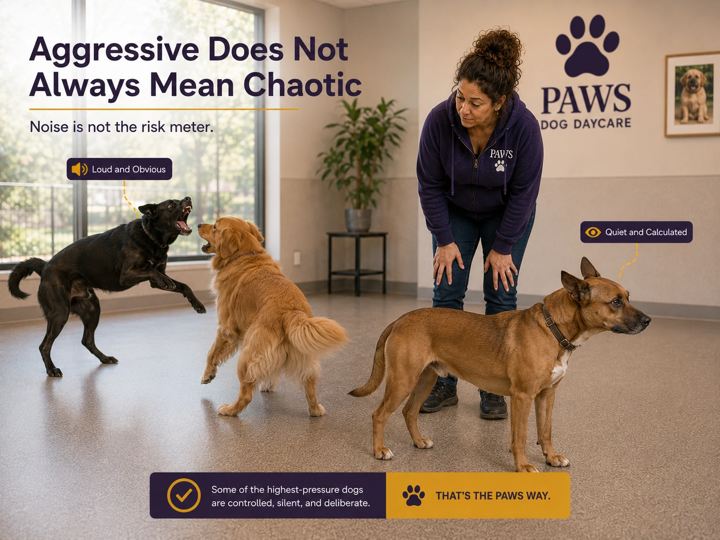 PAWS Lady compares a loud obvious dog conflict with a quiet, deliberate high-pressure dog standing silently in the same room.