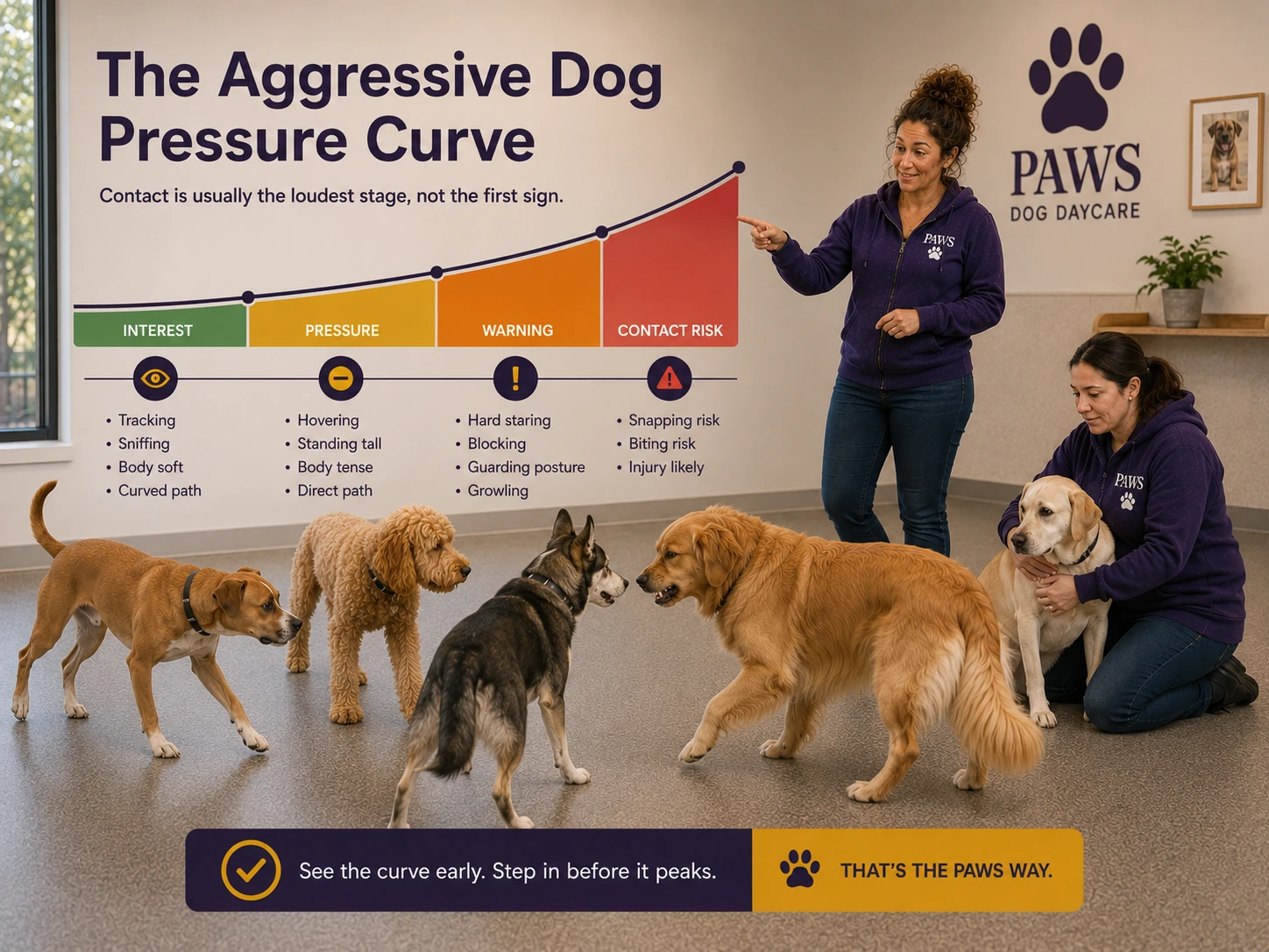 PAWS Lady points to an aggressive pressure curve that escalates from interest to pressure, warning, and contact risk in a daycare playroom.