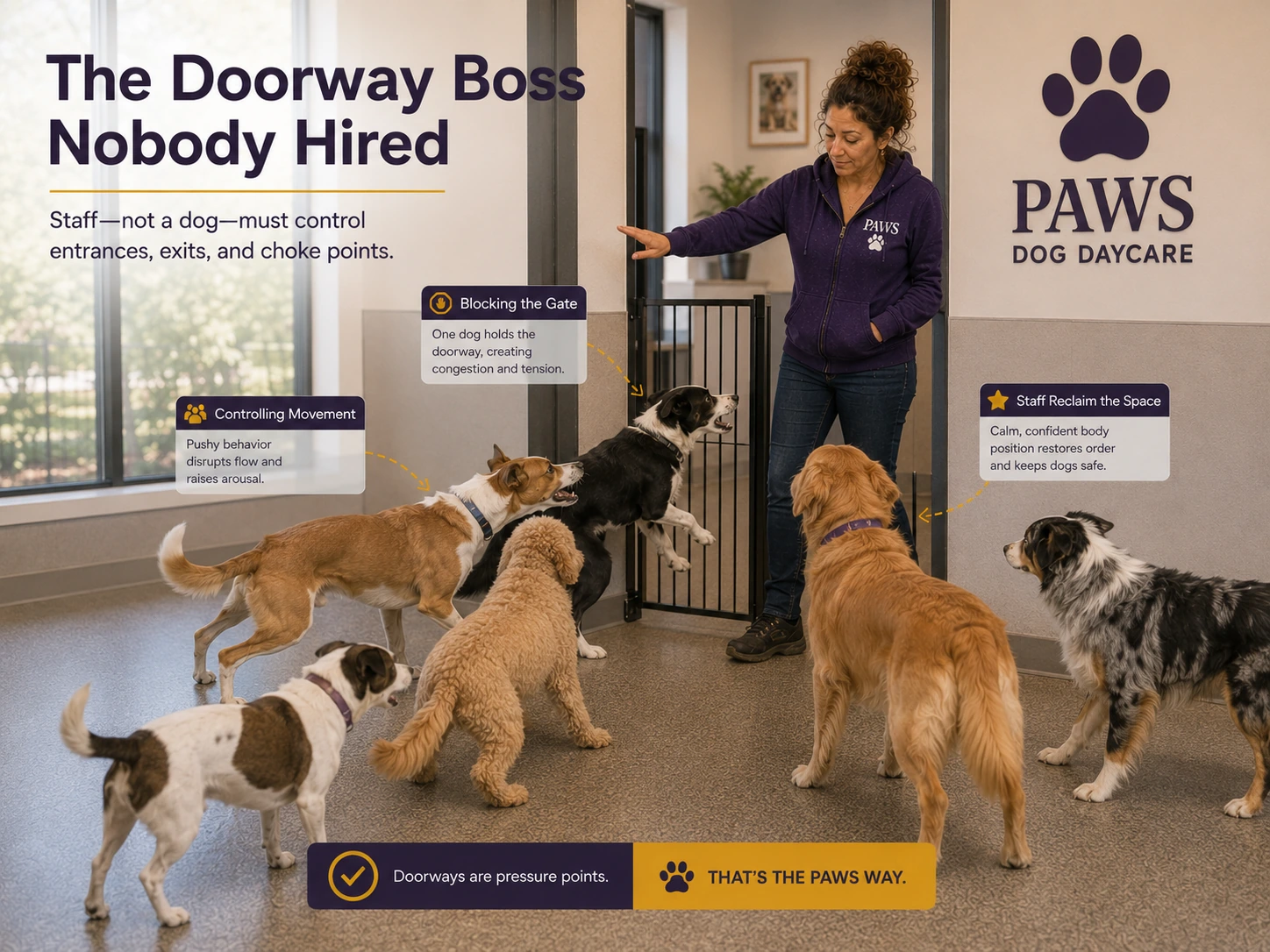 PAWS Lady controls a daycare gate while several dogs crowd the doorway and one dog tries to control access and movement.