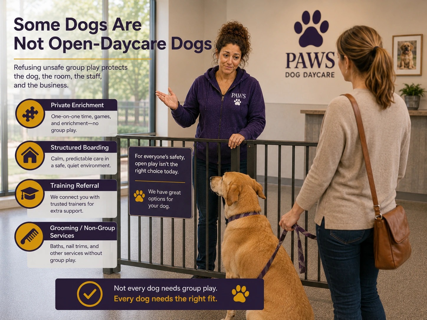 PAWS Lady talks with a dog owner about alternatives to open group play, including private enrichment, structured boarding, training referral, and non-group services.