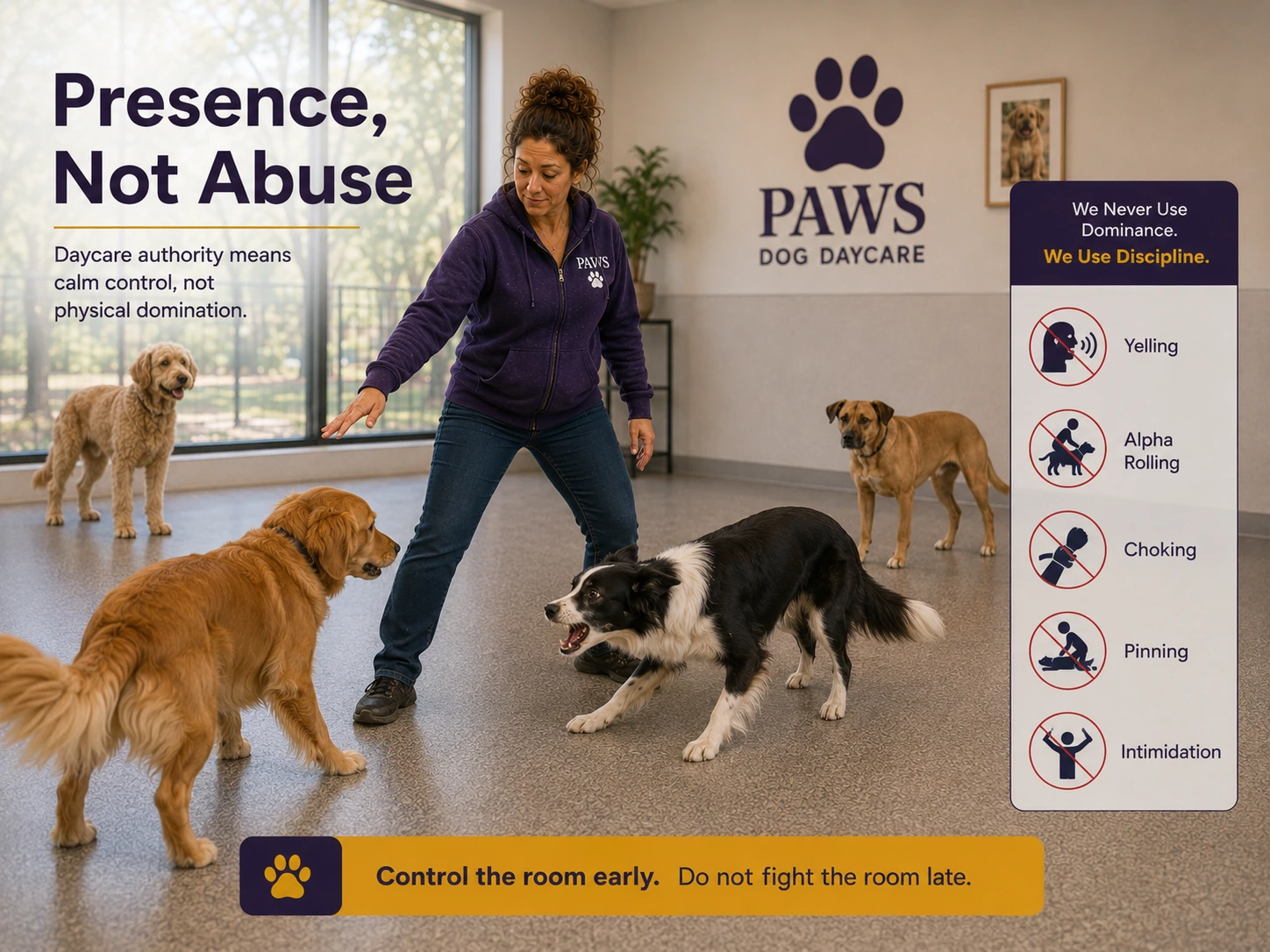PAWS Lady calmly controls tension between dogs while a panel explains that daycare authority does not use yelling, alpha rolling, choking, pinning, or intimidation.