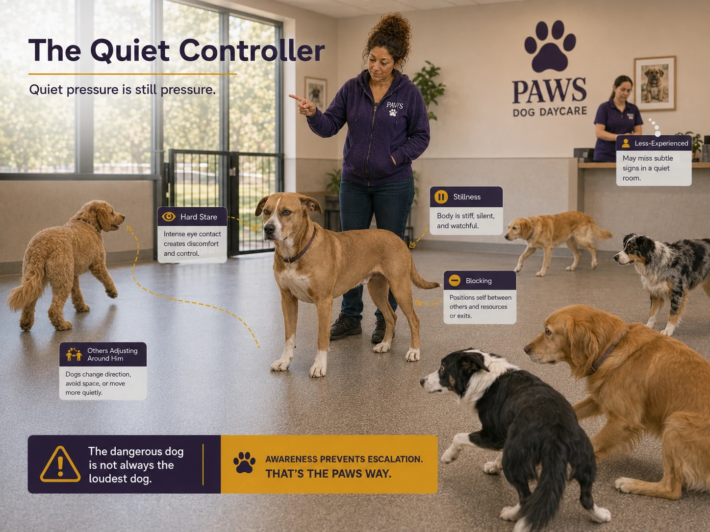 PAWS Lady observes a still, watchful dog using hard staring and blocking while other dogs quietly adjust their path in the daycare room.