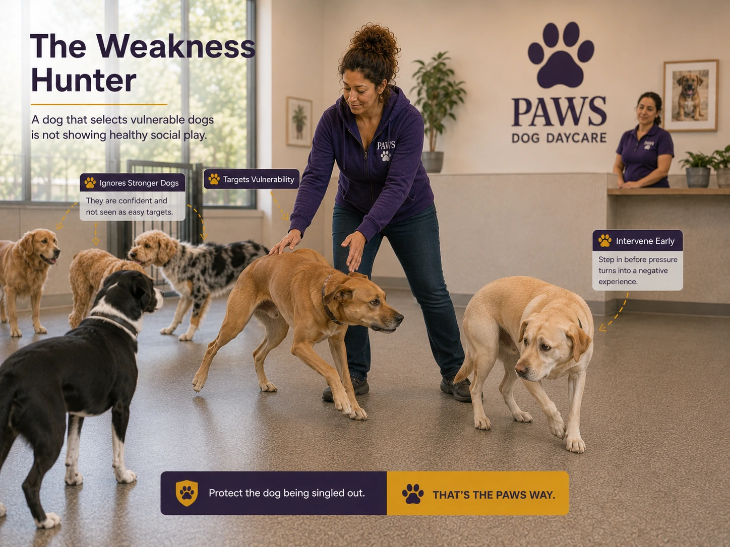 PAWS Lady interrupts a dog that is singling out a vulnerable playmate while other stronger dogs are ignored in the background.