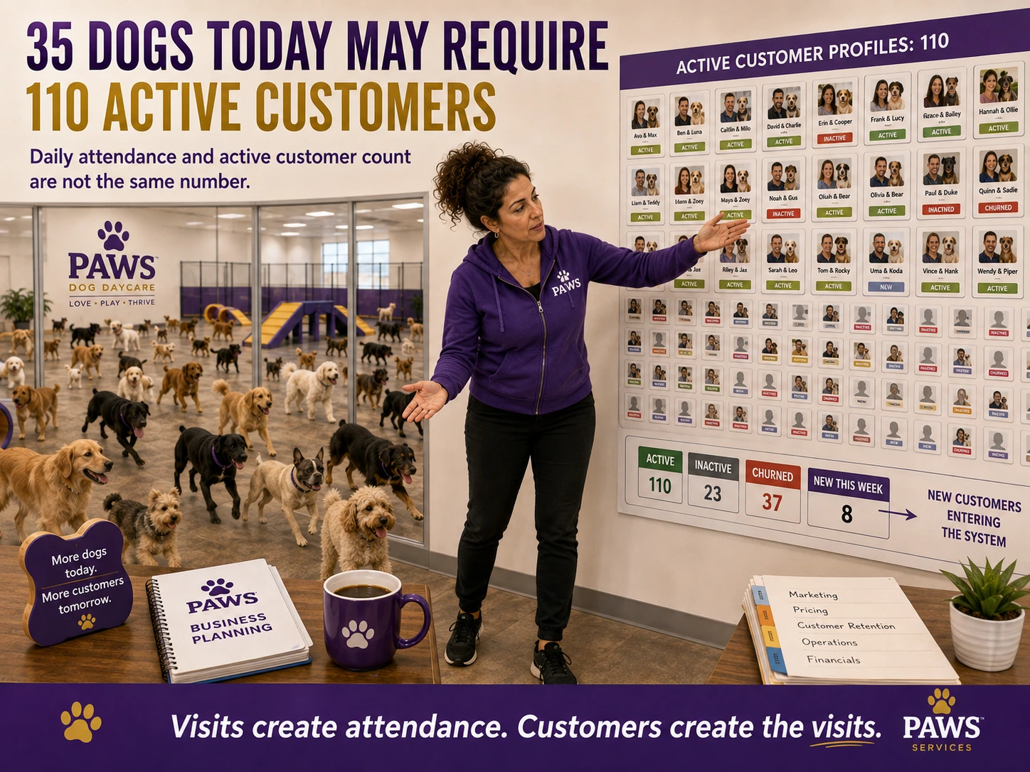 PAWS Dog Daycare business image explaining that daily attendance depends on a much larger active customer base.