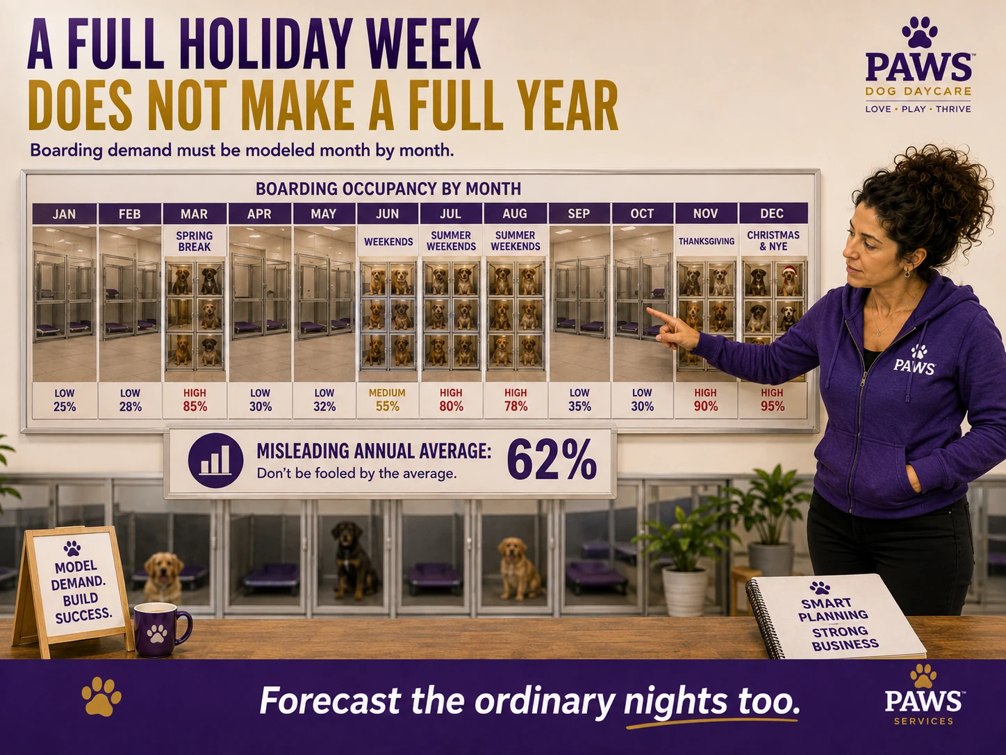 PAWS Lady points to a month-by-month boarding occupancy chart showing packed holiday periods and much lower ordinary-week demand.