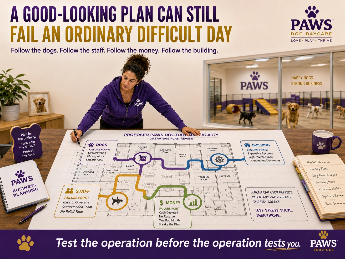PAWS Dog Daycare planning image showing a facility layout tested against everyday failure points involving dogs, staff, money, and the building.