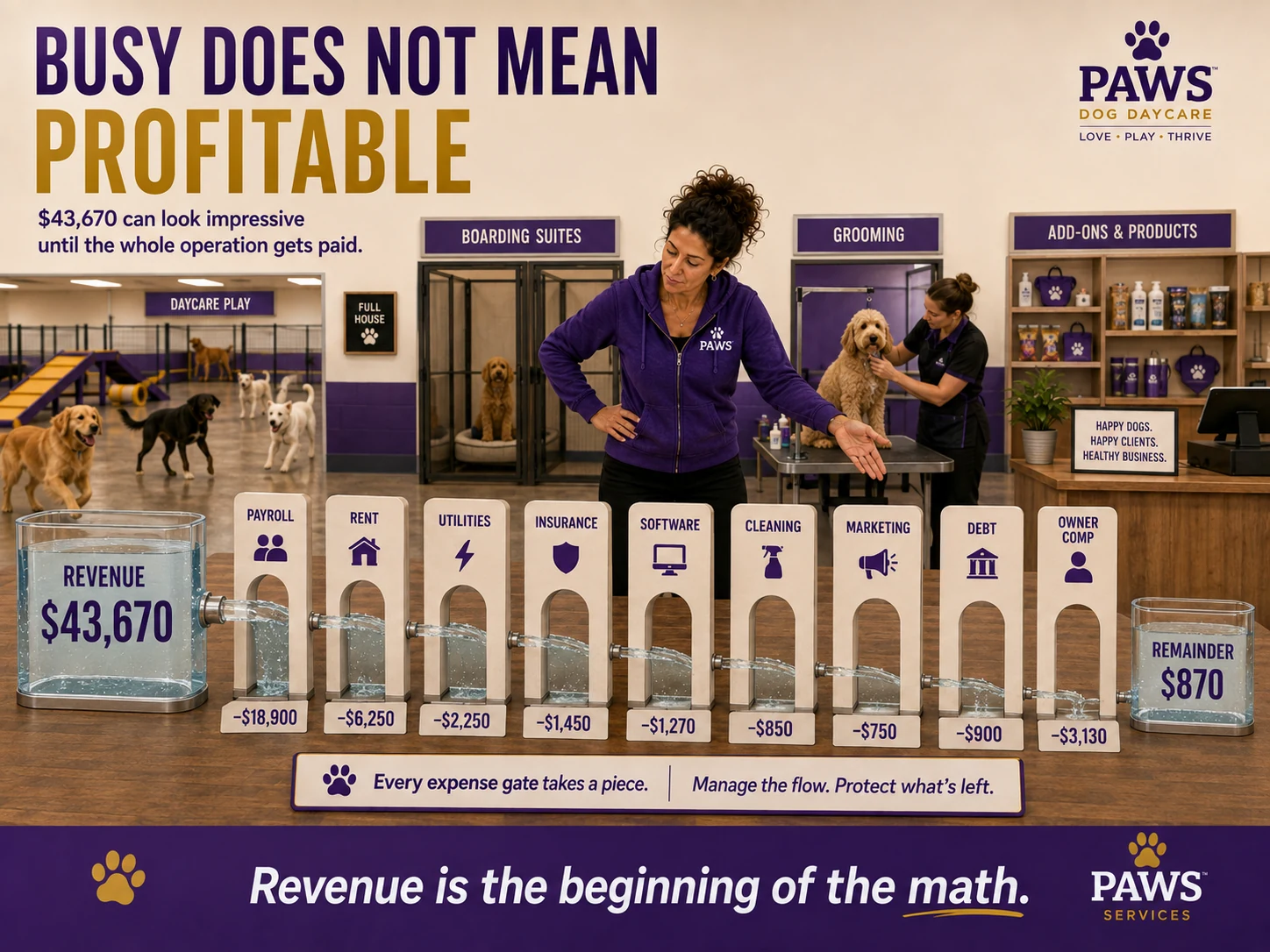 A busy PAWS daycare with boarding, grooming, and retail shows $43,670 in revenue flowing through payroll, rent, utilities, insurance, software, cleaning, marketing, debt, and owner compensation until only $870 remains.