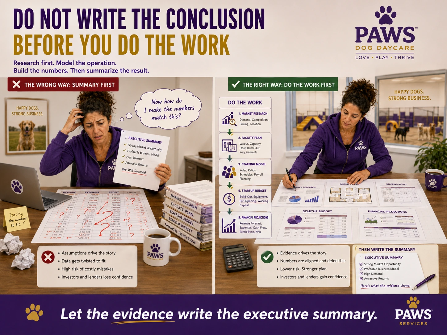 Two-panel graphic comparing summary-first planning with evidence-first business planning