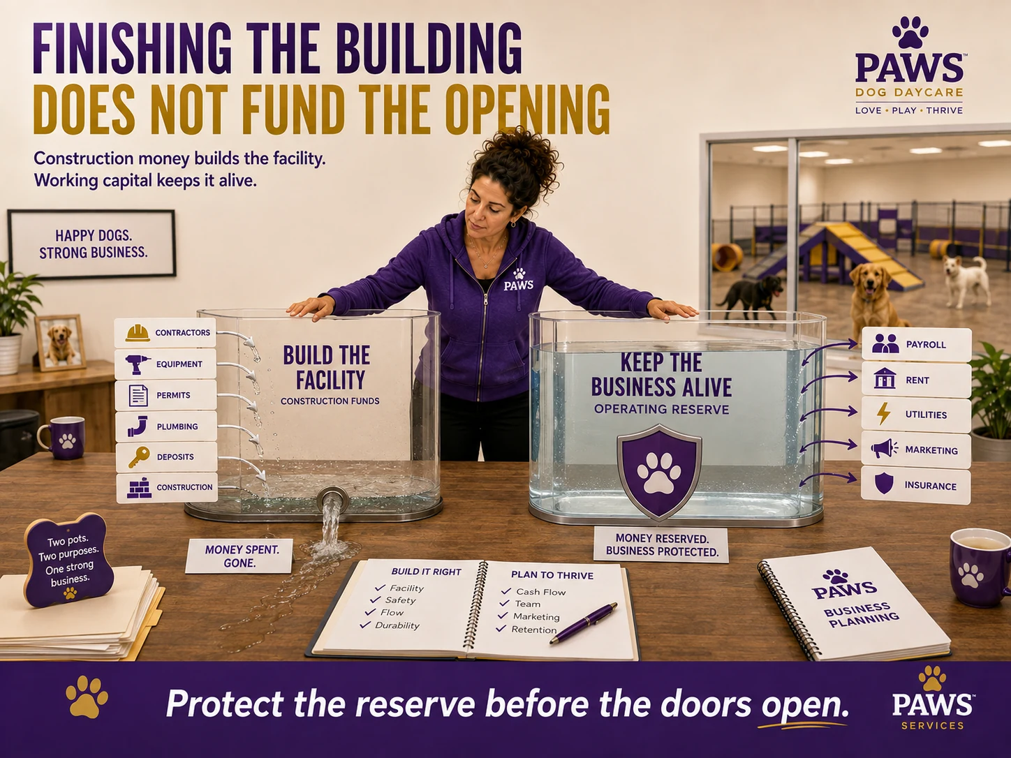 PAWS Lady stands between a nearly drained construction-fund container and a protected operating-reserve container for payroll, rent, utilities, marketing, and insurance.