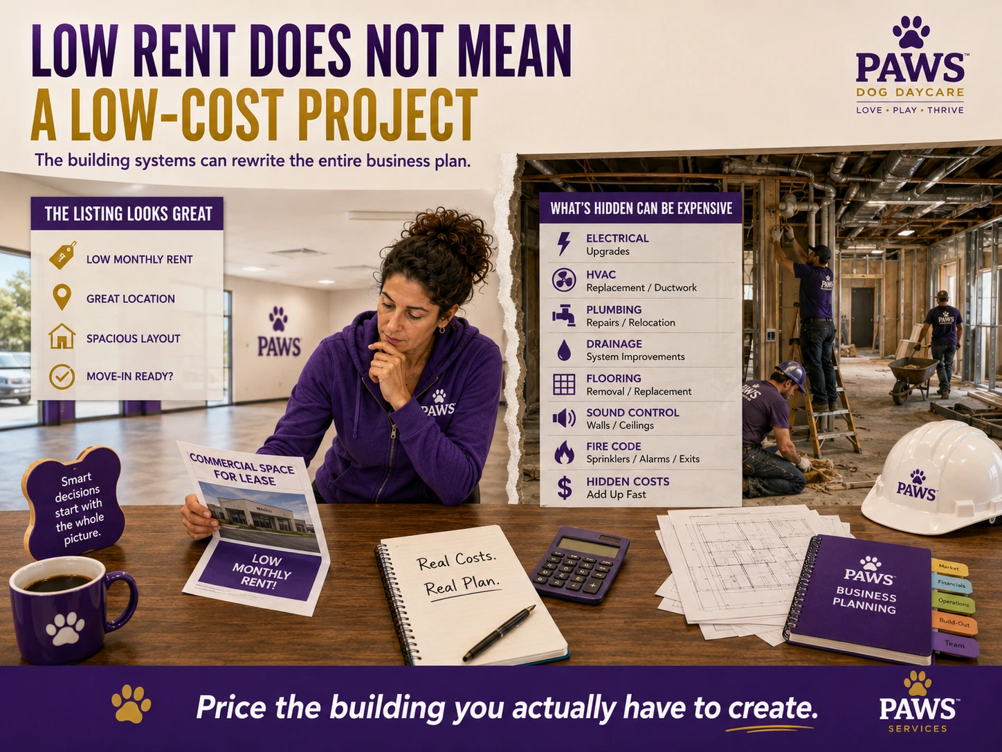PAWS Dog Daycare planning image comparing an attractive low-rent listing with the hidden build-out and system costs inside the property.