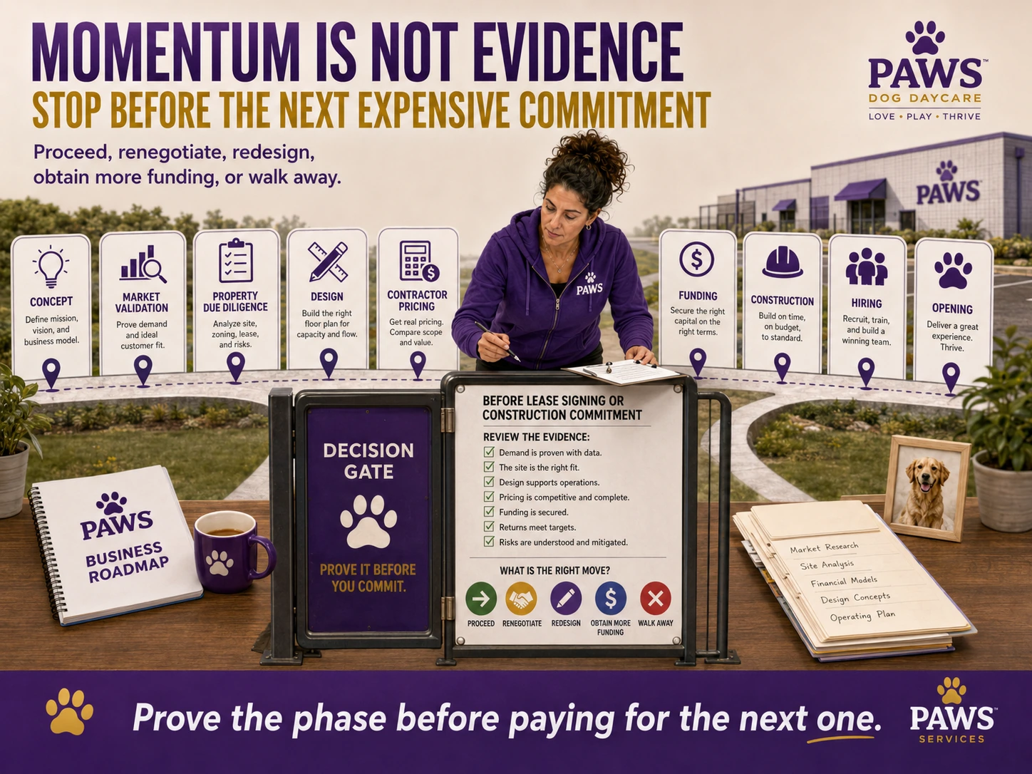 Decision-gate graphic showing when to stop and review evidence before the next expensive commitment