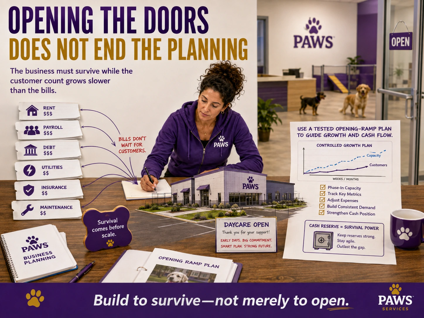 Opening-ramp planning graphic showing early cash-flow pressure after a dog daycare opens