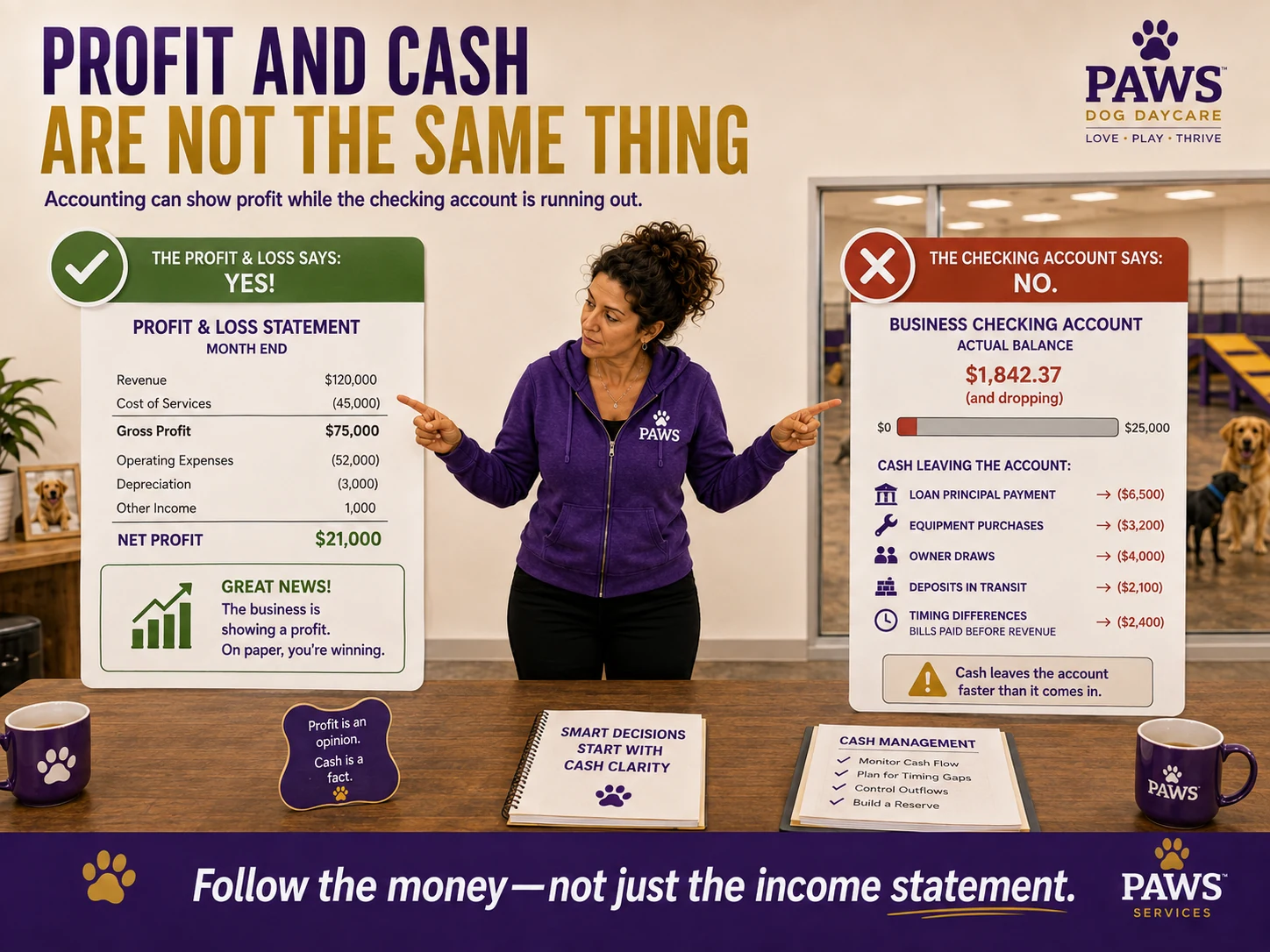 PAWS Lady compares a profitable income statement with a nearly empty business checking account affected by loan principal, equipment purchases, owner draws, deposits, and timing differences.