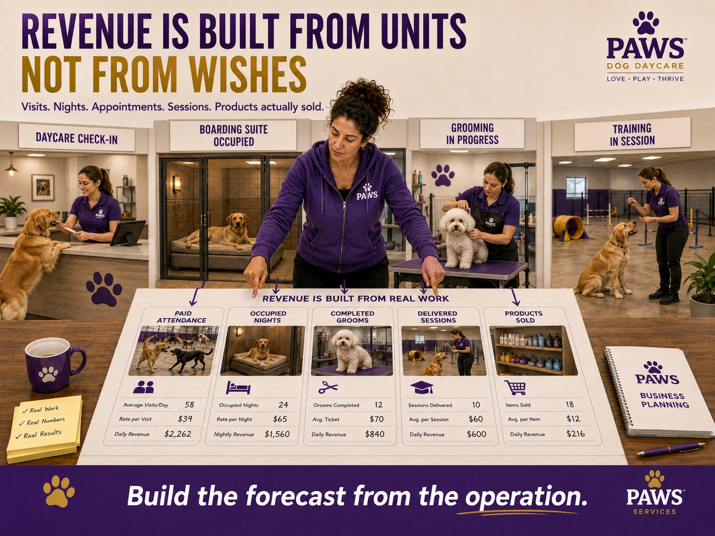 PAWS Dog Daycare revenue-planning image showing that revenue forecasts come from real service units such as daycare visits, boarding nights, grooming, training, and retail sales.