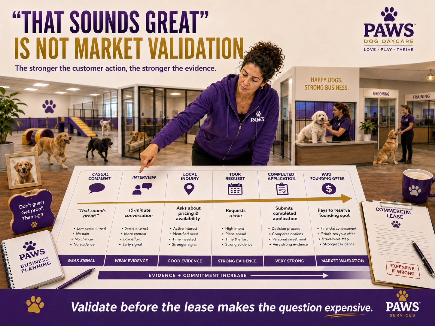 PAWS Dog Daycare validation image ranking types of customer feedback from weak comments to strong paid commitments.
