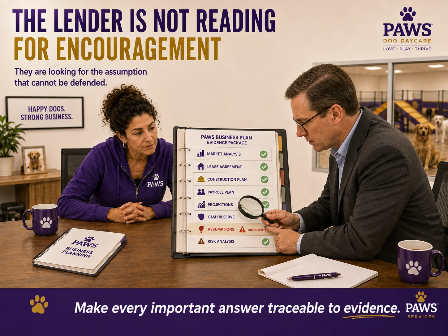 A lender examines one unsupported assumption in a PAWS business-plan evidence package while the PAWS Lady watches across the conference table.