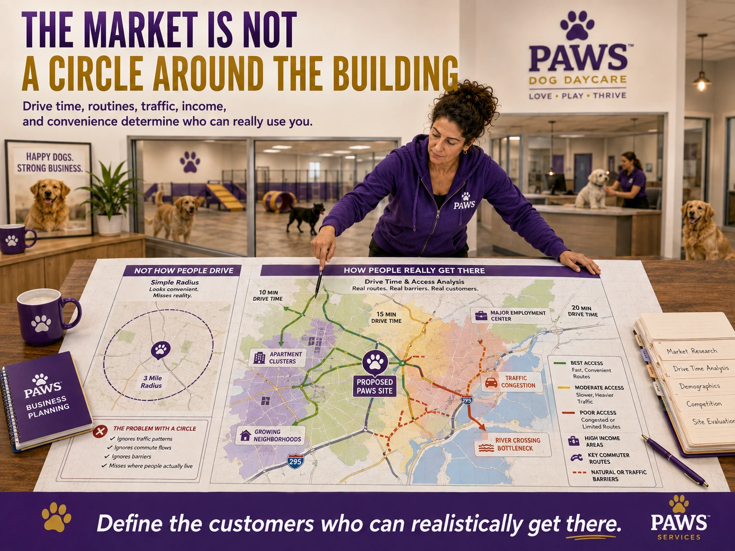 PAWS Dog Daycare market-analysis image comparing a simple radius map with a more realistic drive-time and access analysis.