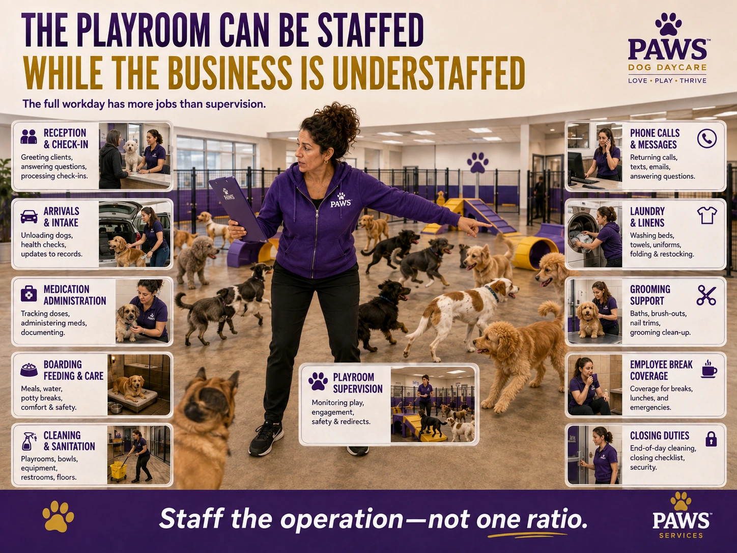 PAWS Dog Daycare staffing image showing that supervision is only one part of the total labor needed to operate the business.
