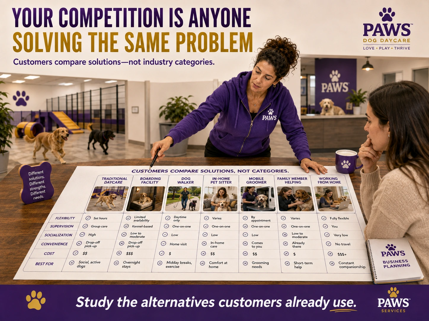 PAWS Dog Daycare competition image comparing dog daycare with other alternatives customers use to solve the same need.