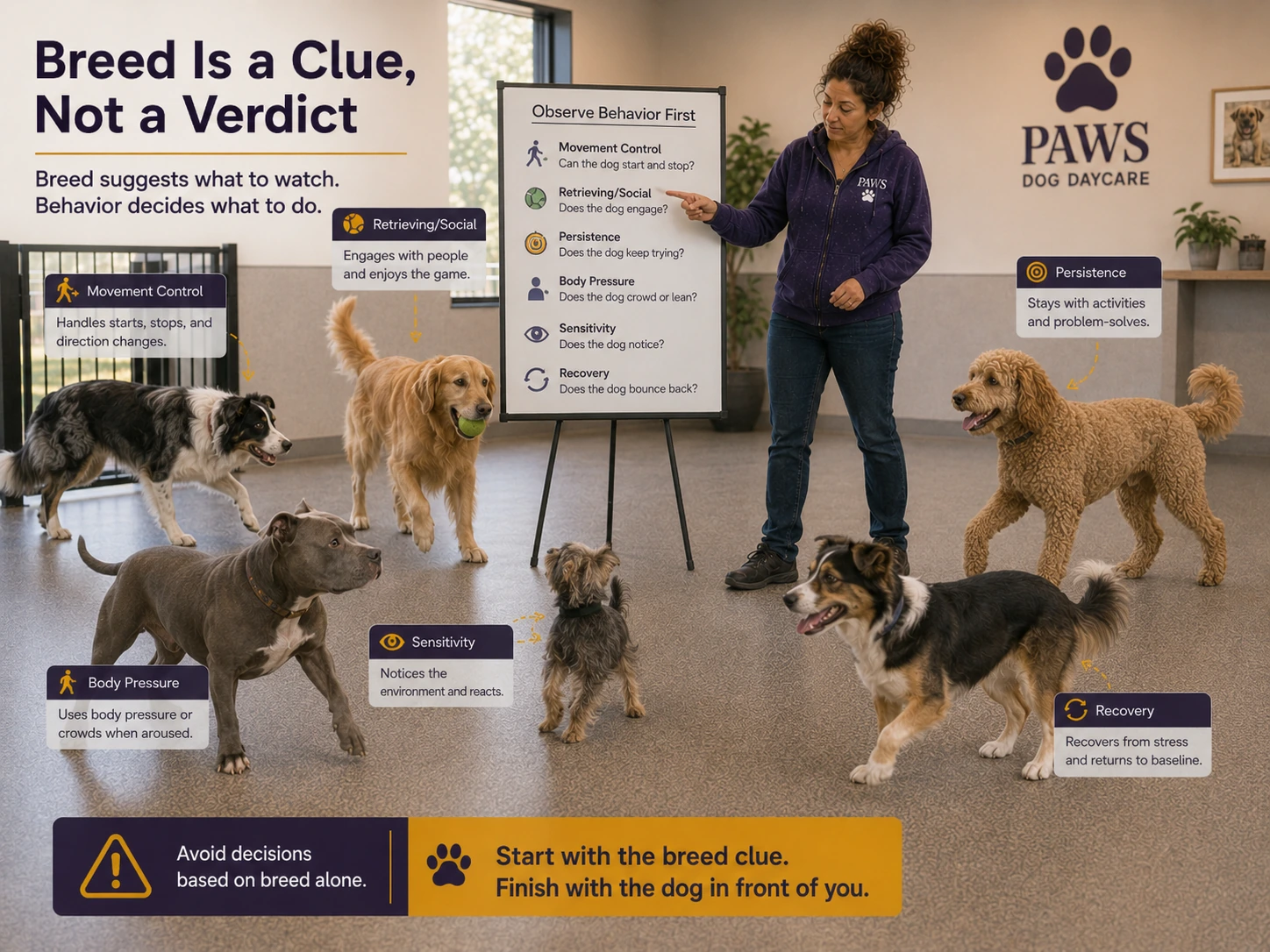 PAWS Lady evaluates dogs of different breeds using observed traits such as movement control, retrieving, persistence, body pressure, sensitivity, and recovery.