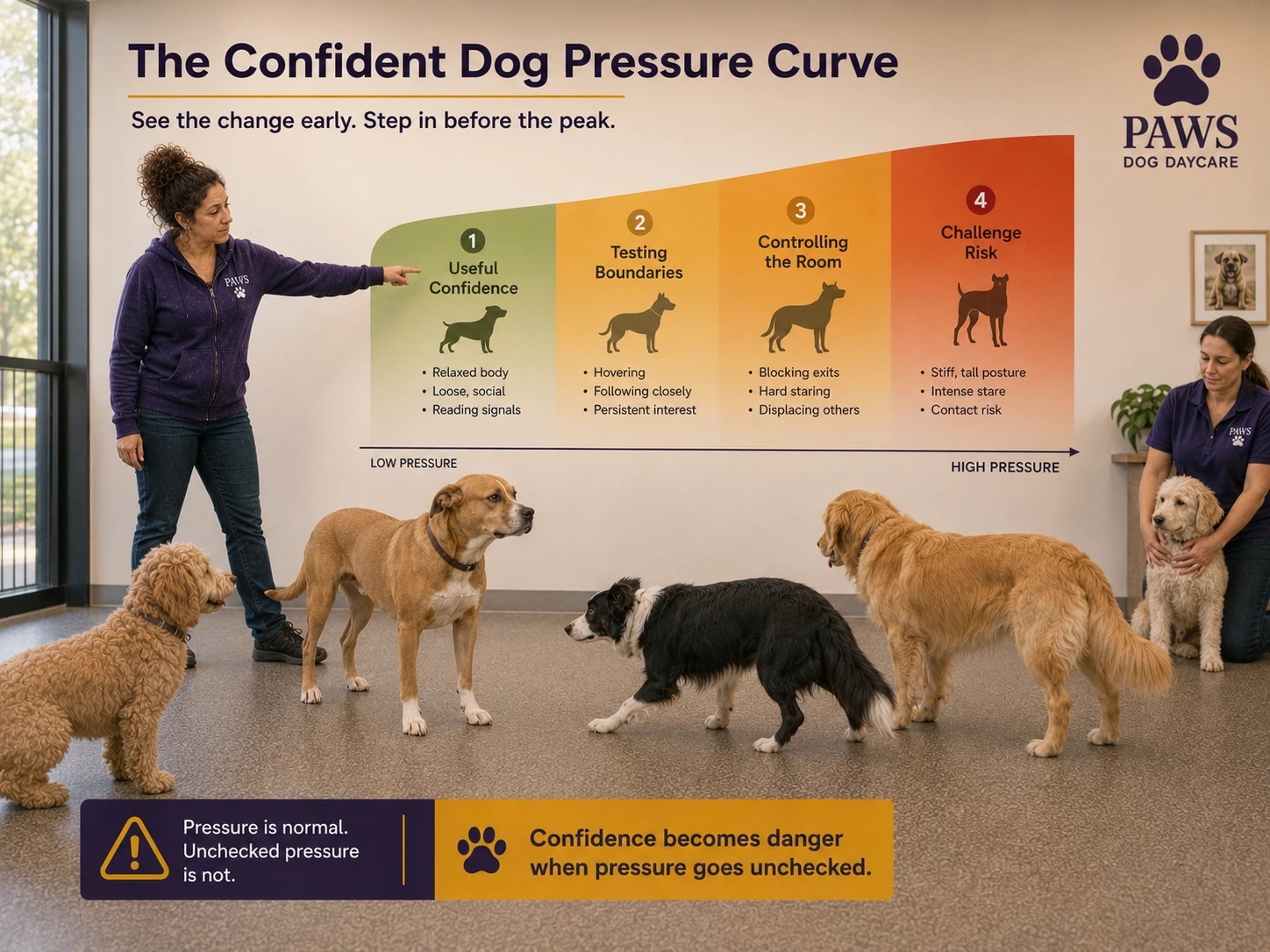 PAWS Lady points to a confident-dog pressure curve progressing from useful confidence to testing boundaries, controlling the room, and challenge risk.