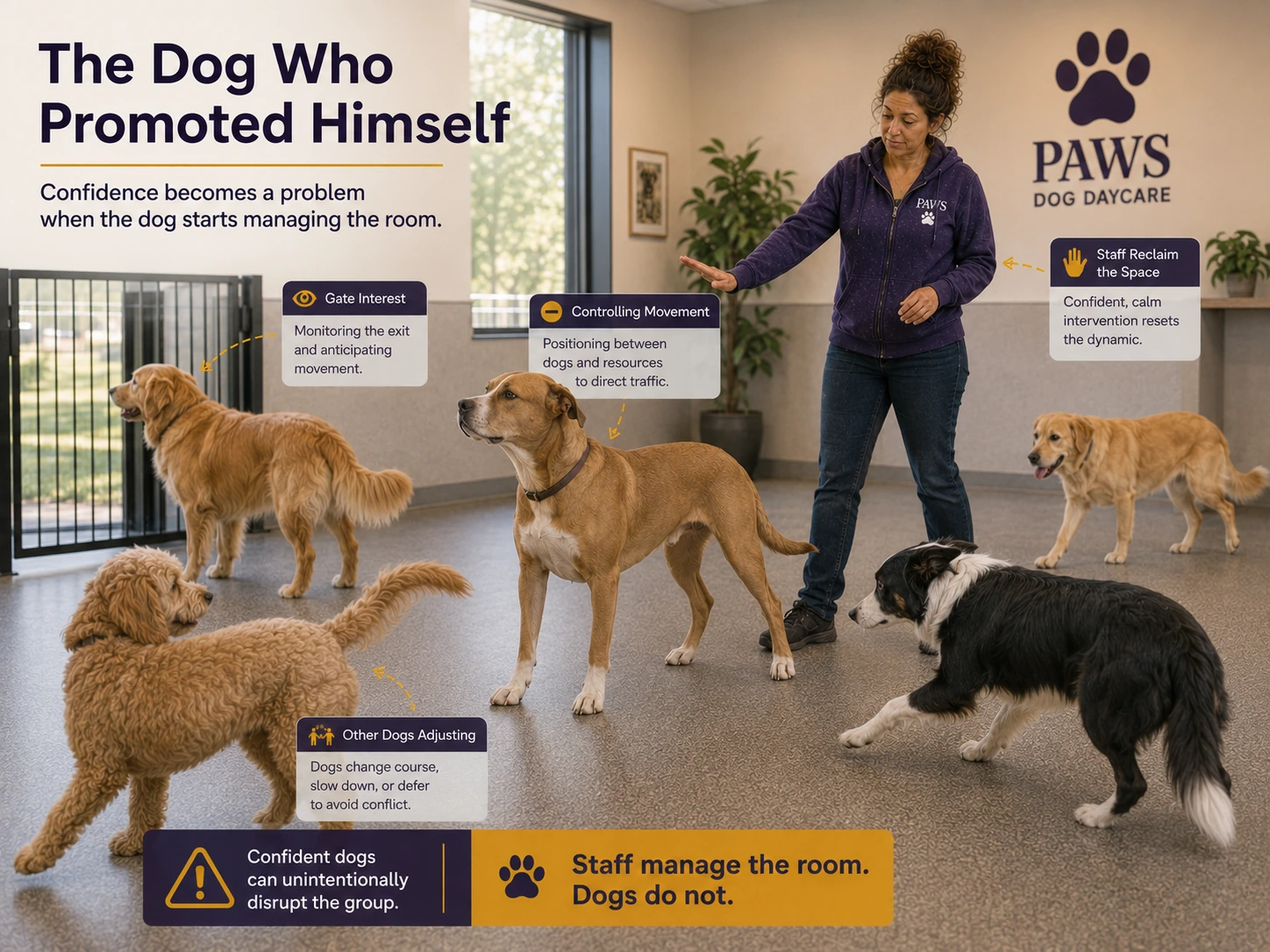 PAWS Lady calmly reclaims control from a confident tan dog that is monitoring the gate, controlling movement, and causing other daycare dogs to adjust around him.