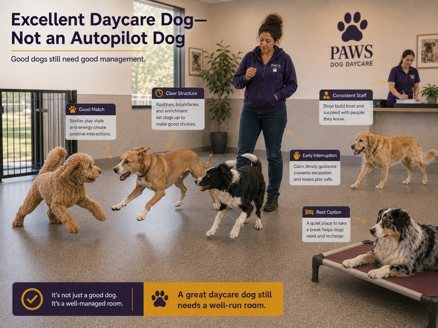 PAWS Lady supervises a confident dog succeeding in a balanced daycare group with clear structure, early interruption, consistent staff, and a nearby rest option.