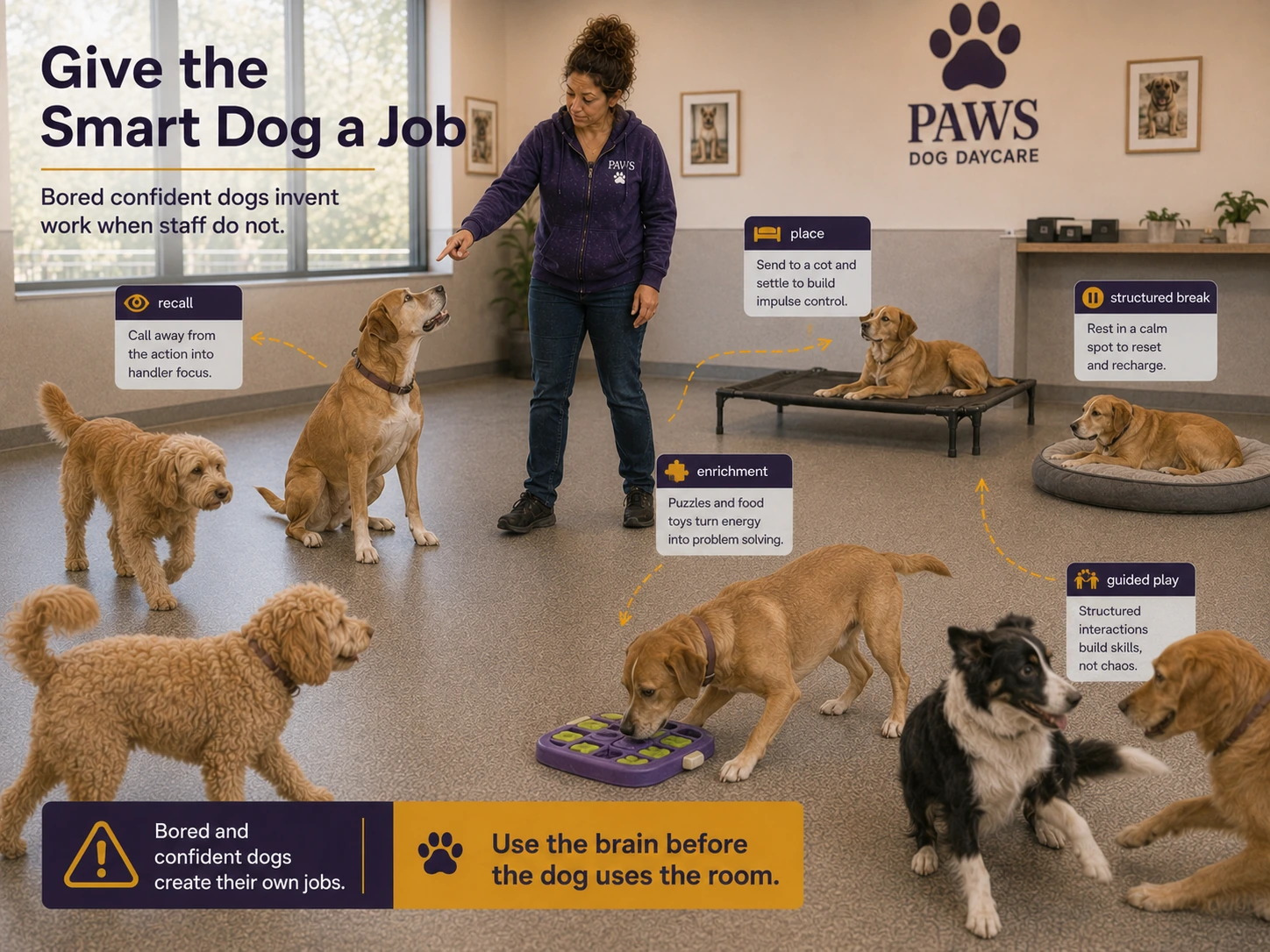 PAWS Lady gives a confident daycare dog structured work through recall, place training, enrichment puzzles, guided play, and a calm rest break.