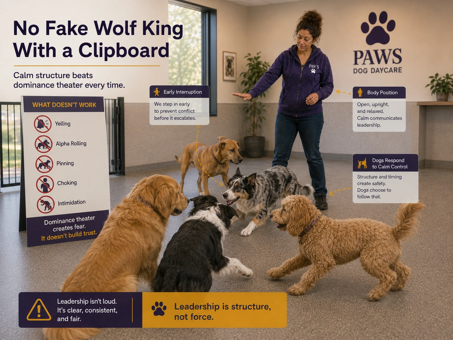PAWS Lady uses calm body position and early intervention in a daycare playroom beside a board rejecting yelling, alpha rolling, pinning, choking, and intimidation.