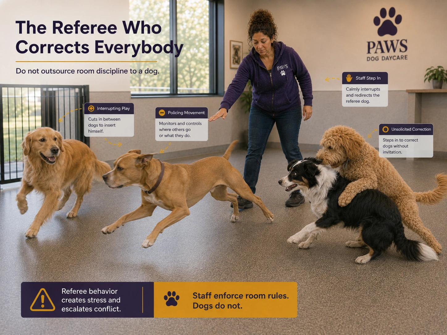 PAWS Lady interrupts a confident tan dog that is cutting between playmates, policing movement, and giving unsolicited corrections in the daycare room.