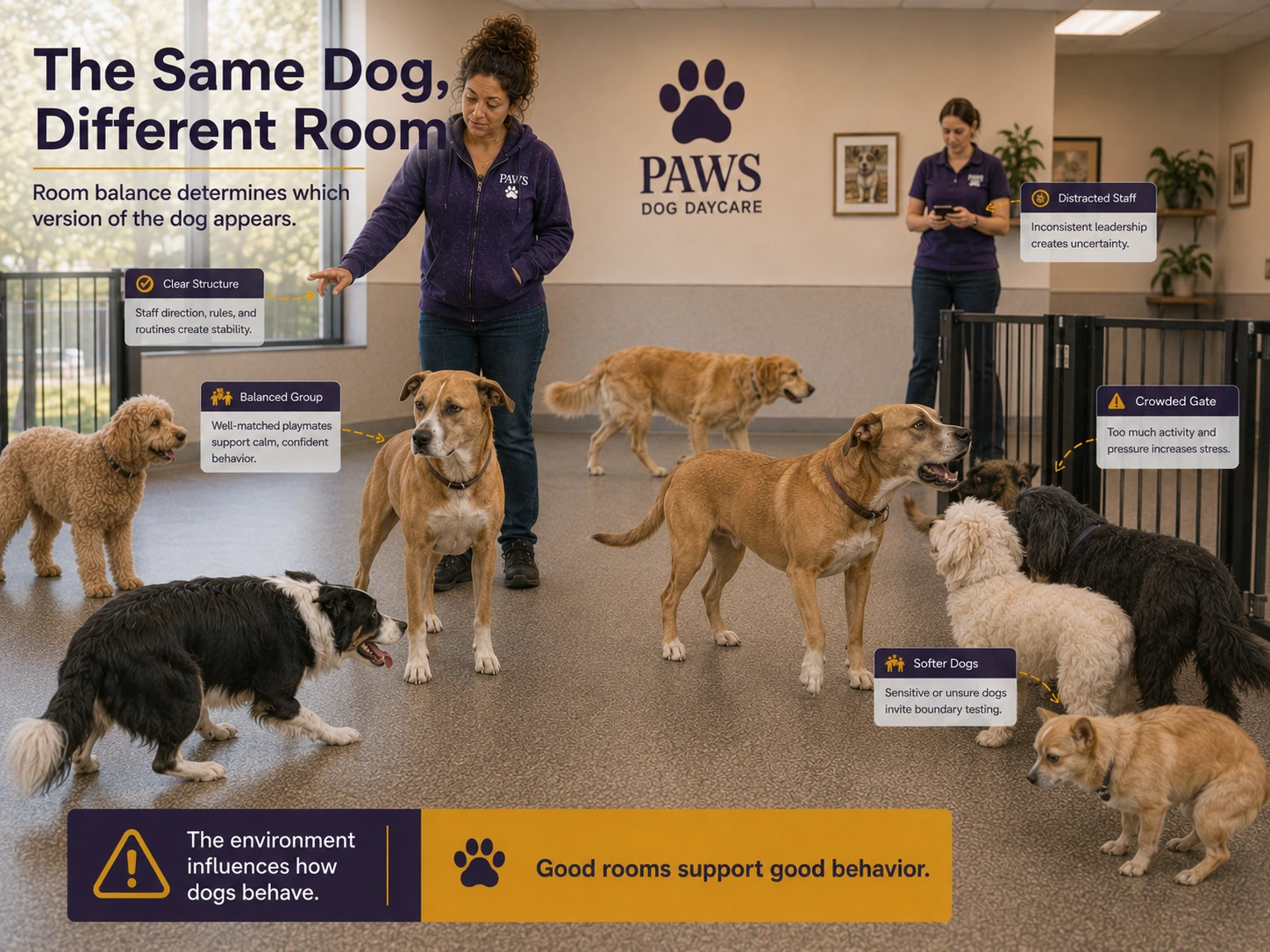 The same confident tan dog behaves calmly near clear structure and a balanced group but tests boundaries near distracted staff, a crowded gate, and softer dogs.