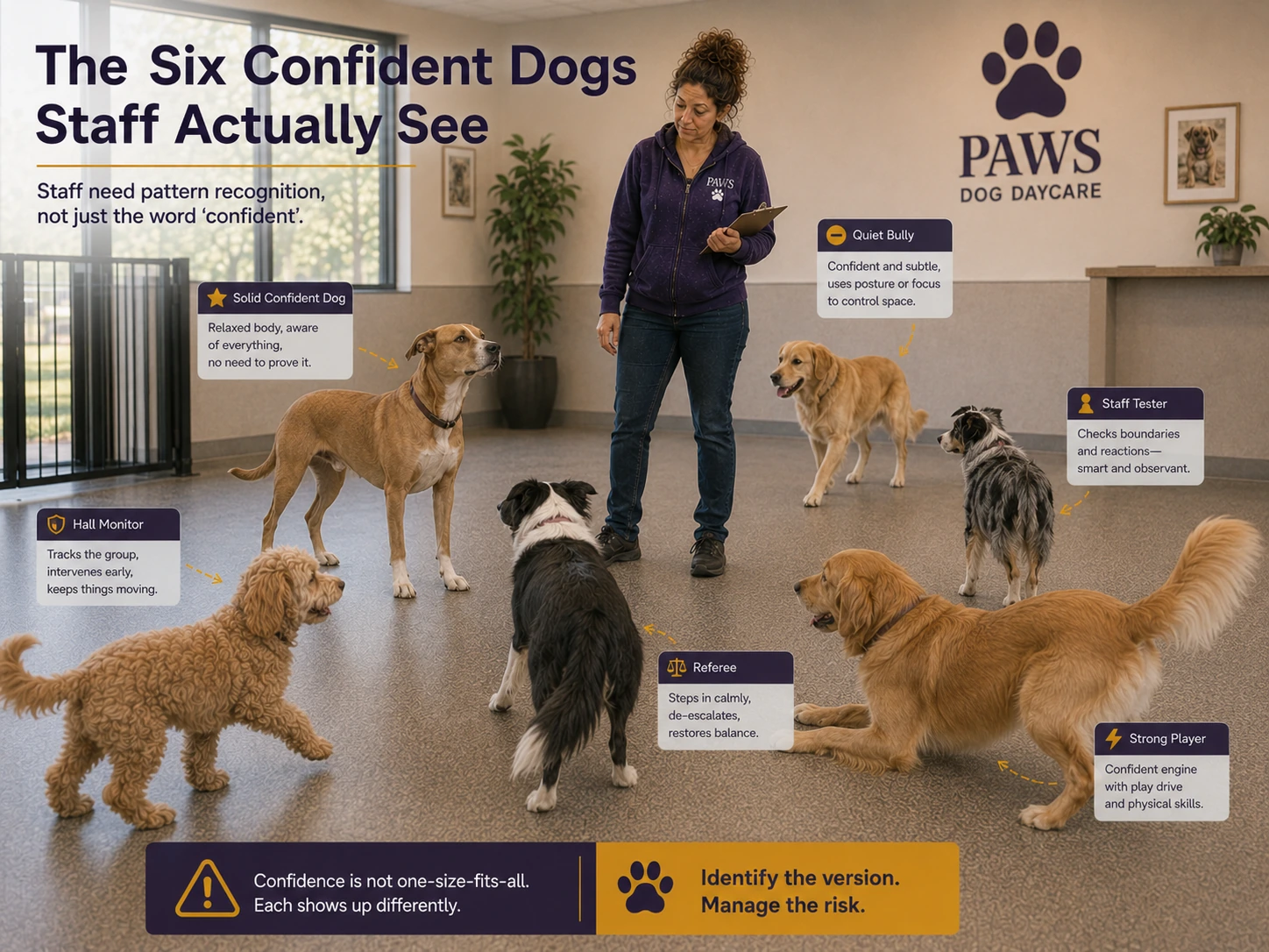 PAWS Lady evaluates six confident-dog patterns labeled solid confident dog, hall monitor, quiet bully, referee, staff tester, and strong player in one daycare room.