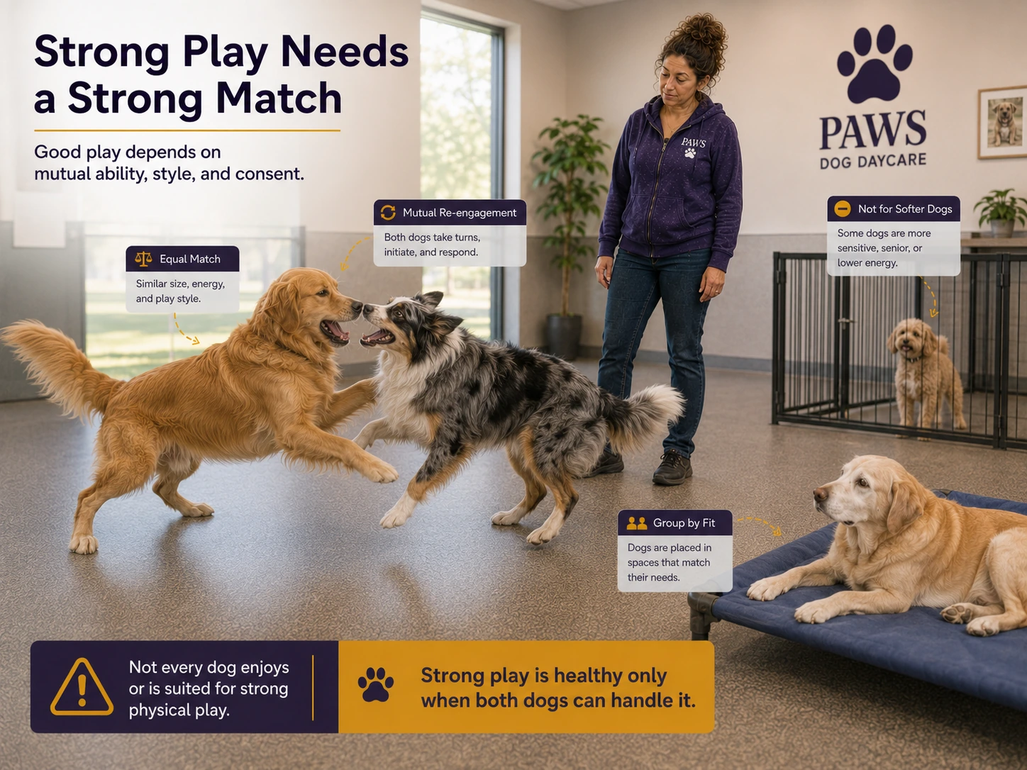 PAWS Lady supervises two well-matched dogs engaged in strong mutual play while softer and older dogs remain in separate appropriate daycare spaces.