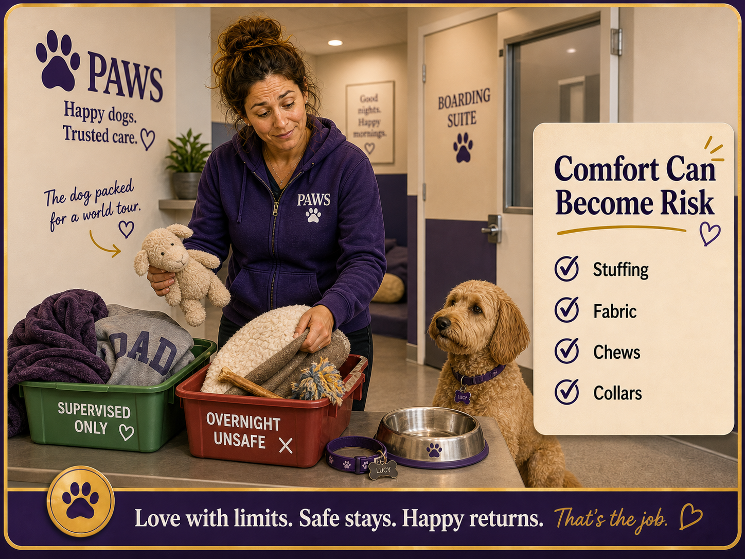 PAWS Dog Daycare staff sorting owner comfort items into safe and unsafe bins before a dog enters a boarding suite.