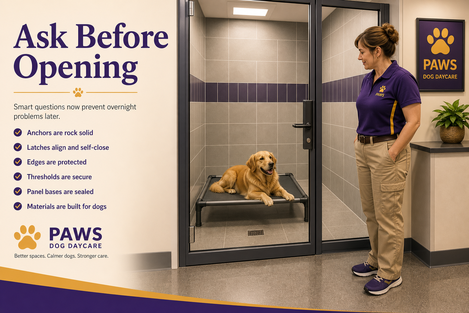PAWS Dog Daycare staff inspecting a glass-front tiled boarding suite with sealed floor, secure threshold, protected edges, and raised cot.
