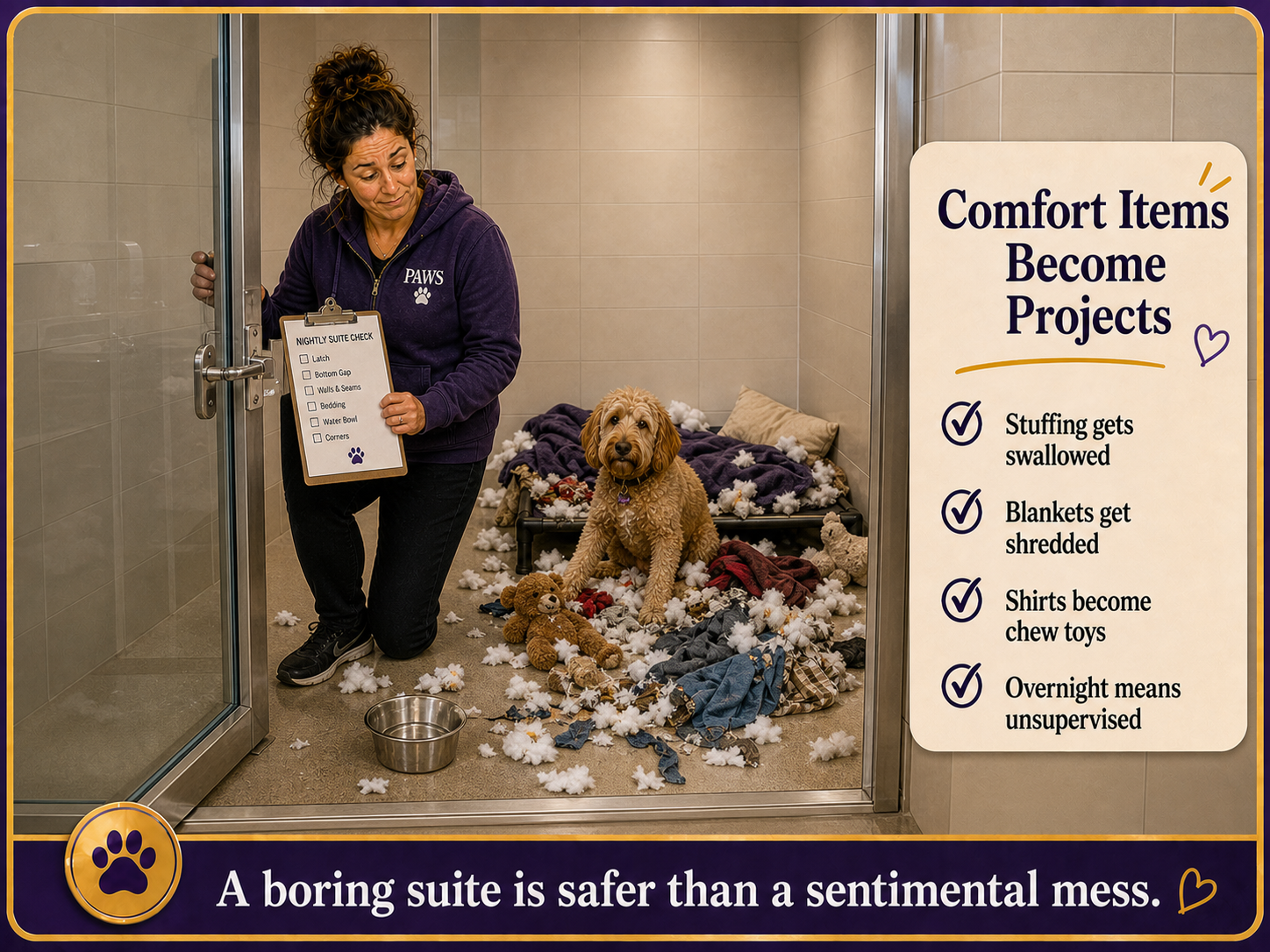 Dog in a tiled glass-front boarding suite surrounded by shredded toys, blankets, stuffing, and owner items while PAWS staff performs a suite check.