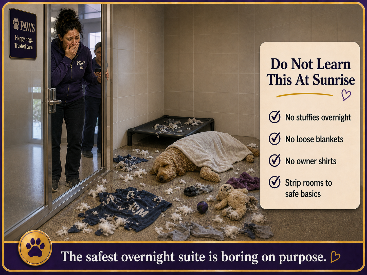 PAWS Dog Daycare staff discovering a boarding suite with a deceased pet as a result of ingesting comfort items, loose blankets, stuffing.
