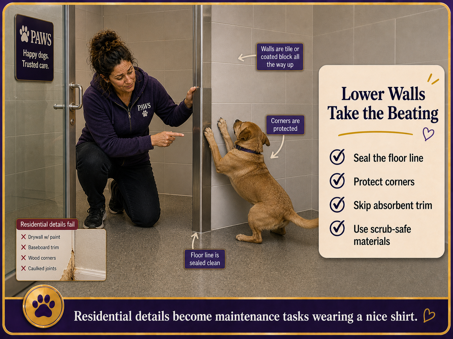 PAWS Dog Daycare staff pointing to protected lower walls, sealed floor line, and corner guards while a dog paws at a tiled boarding suite wall.